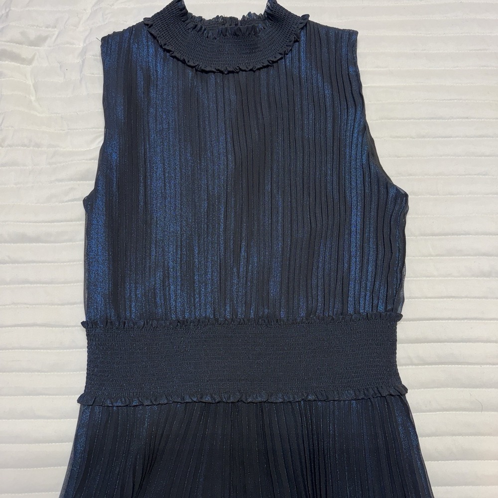 Nanette Lepore Pleated Sleeveless Midi Dress 12 Black Smock Neck/Waist Classic
